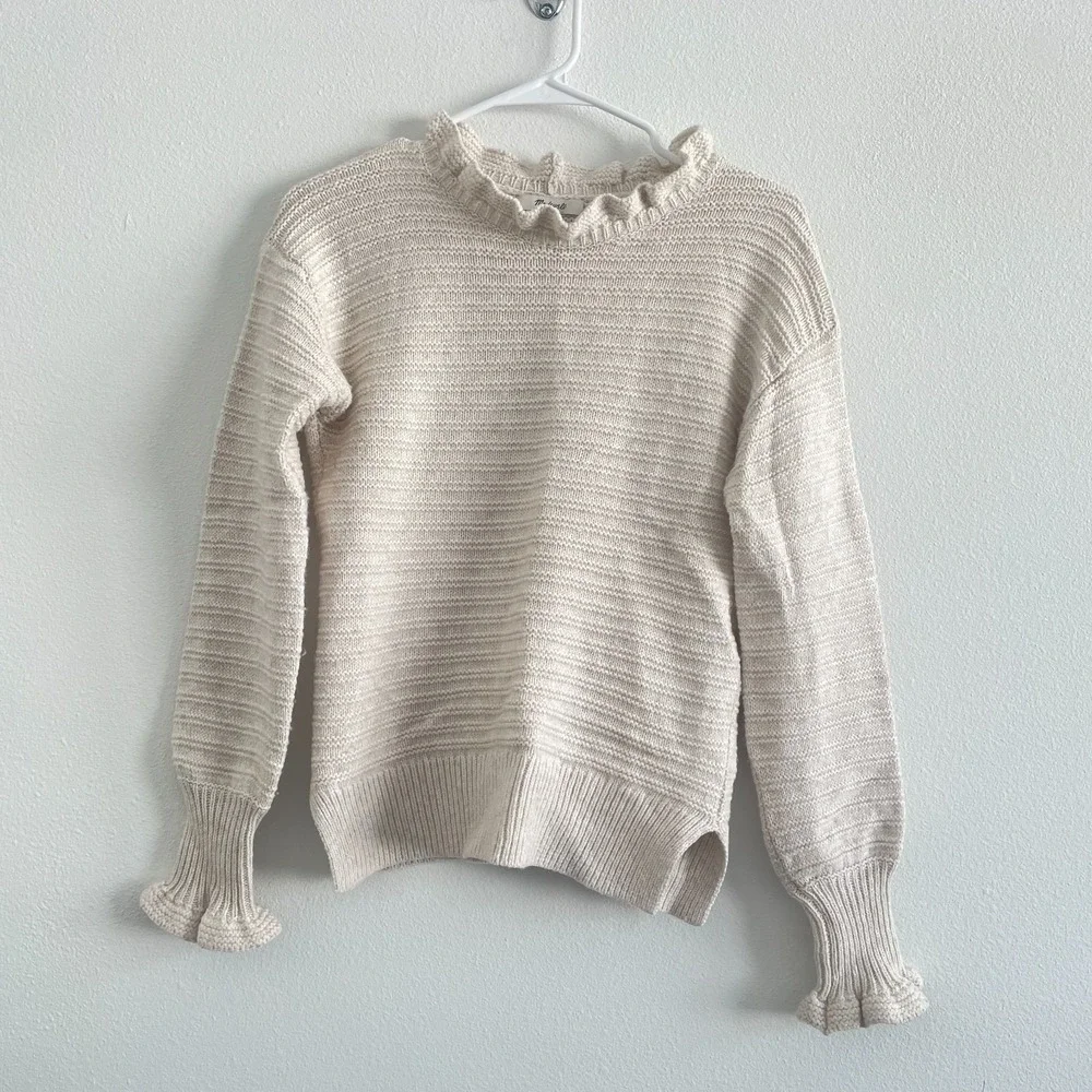Madewell Ruffle-Neck Pullover Sweater Women XS Ribbed Knit Cotton-Merino Yarn